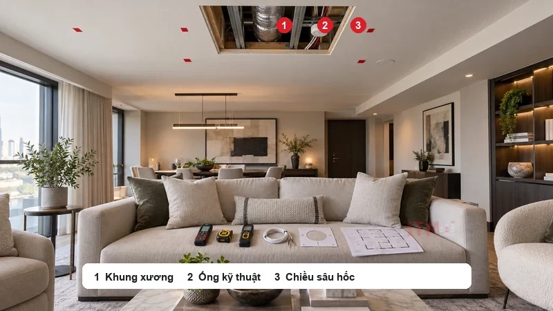 Khảo sát khung xương, đường ống và khoảng hở trước khi chốt vị trí khoét trần.