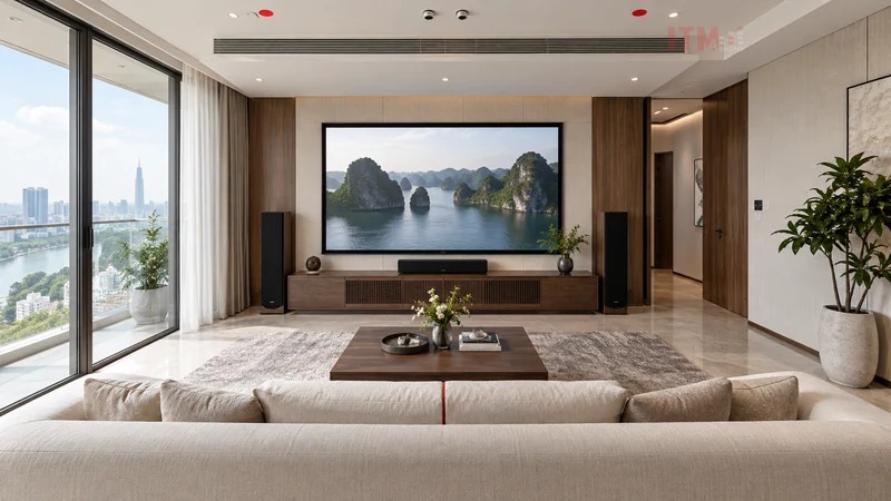 Với sofa sát tường sau, cần xác định vị trí loa theo ghế trung tâm và các khoảng lắp đặt còn phù hợp.