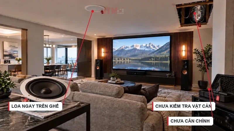 Bốn lỗi cần tránh: đặt loa quá gần ghế, chọn loa quá lớn, bỏ qua vật cản và không cân chỉnh.