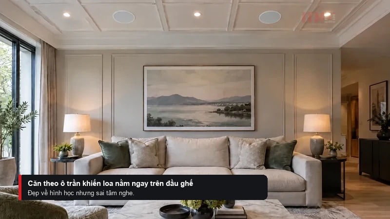 Loa đặt theo ô trần có thể nằm quá gần sofa và làm hiệu ứng nghe quá trực tiếp.