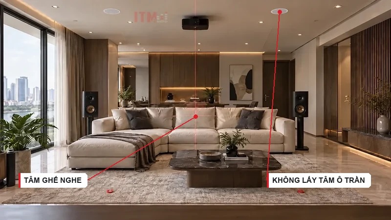 Vị trí ghế nghe là mốc để bố trí loa Atmos, thay vì căn theo ô trần và đèn.