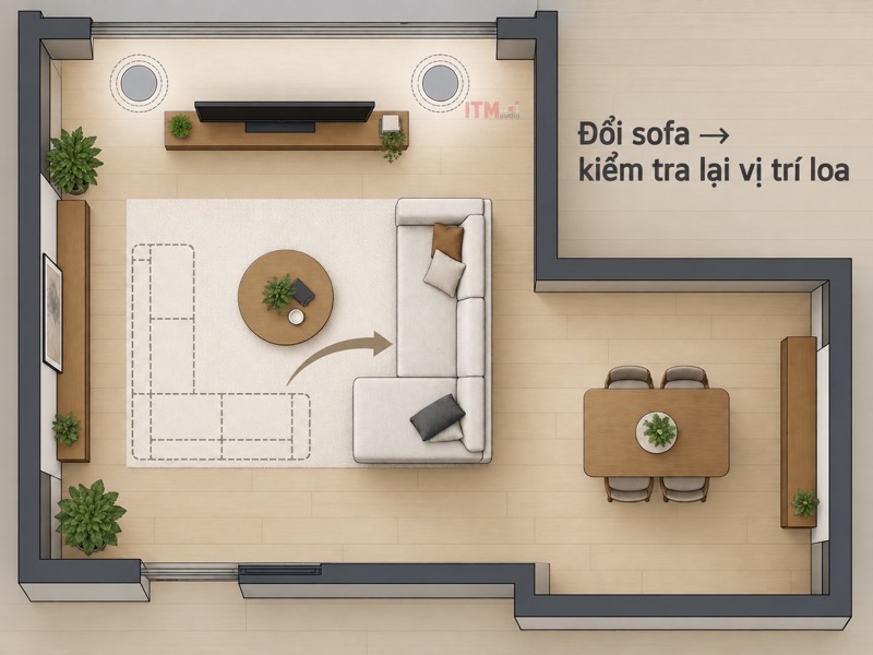 Thay đổi vị trí sofa cần đi cùng việc kiểm tra lại vị trí loa.