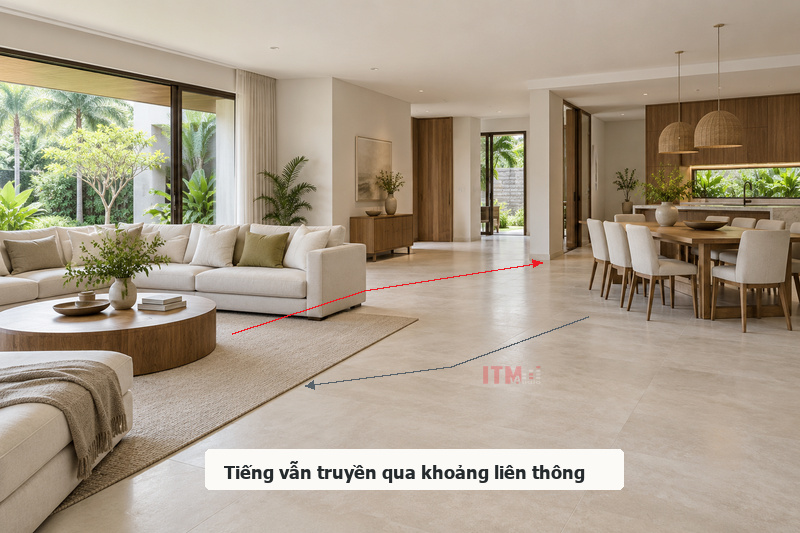 Âm thanh vẫn truyền qua khoảng liên thông, dù hai khu vực có điều khiển riêng.