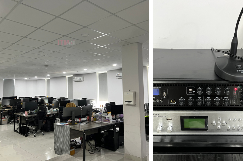 Bộ thiết bị âm thanh và các loa âm trần trong một văn phòng thực tế