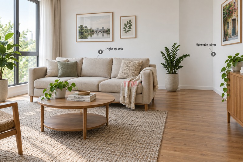 Minh họa hai vị trí nghe thử trong cùng một phòng, các điểm đánh dấu không biểu thị mức bass đã đo.