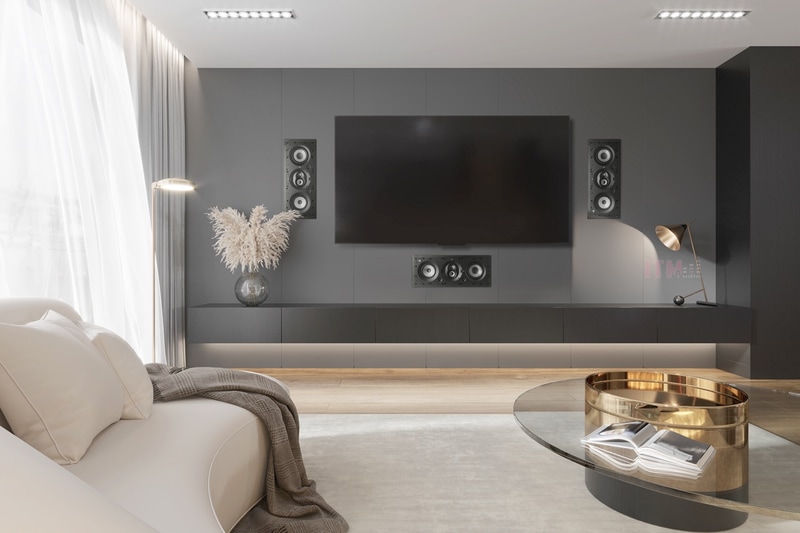 Vị trí sofa cần được xét cùng hai kênh trái và phải. Hình bố trí của Focal.