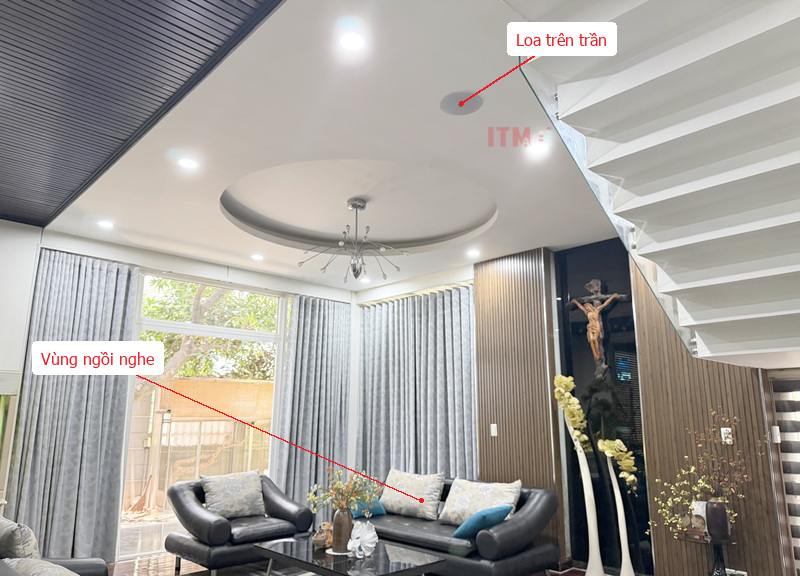 Đối chiếu vị trí loa với vùng sofa trên cùng một không gian thực tế.