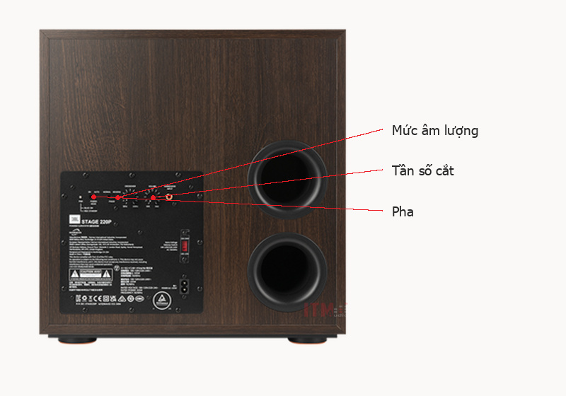 Các nút chỉnh mức âm lượng, tần số cắt và pha trên subwoofer JBL Stage 220P