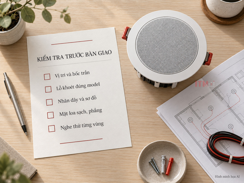 Minh họa AI checklist bàn giao hệ thống loa âm trần