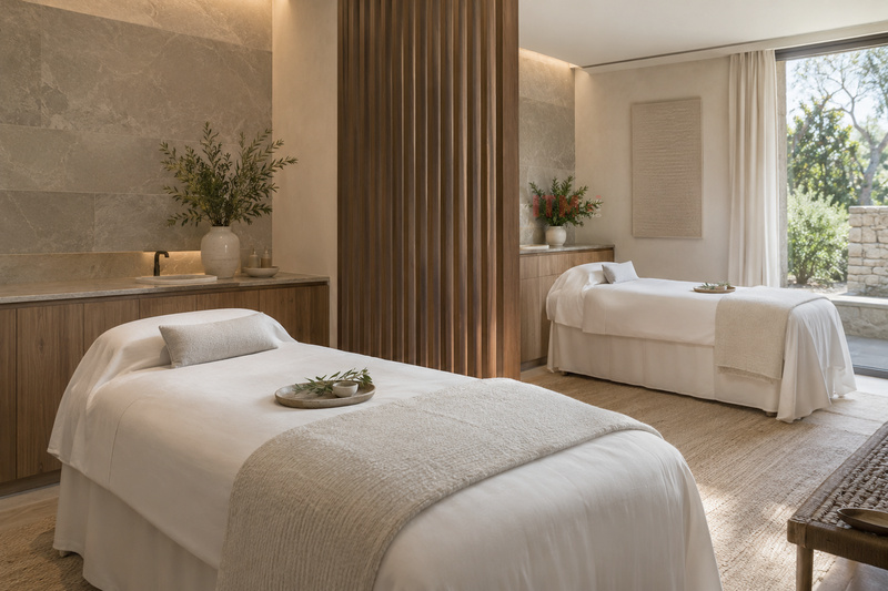 Không gian spa có hai khu vực chăm sóc được ngăn bằng vách gỗ