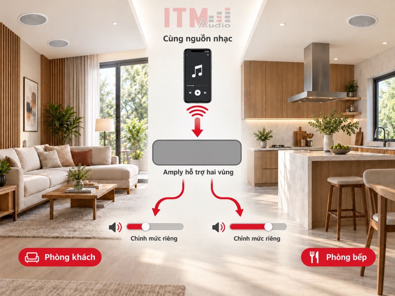 Sơ đồ nguyên lý phát chung nhạc và chỉnh hai mức riêng, không đại diện cho mọi mẫu amply nhiều vùng.