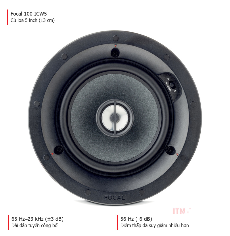 Loa Focal 100 ICW5 với hai chú dẫn dải tần công bố 65 Hz ở sai số 3 dB và 56 Hz ở âm 6 dB