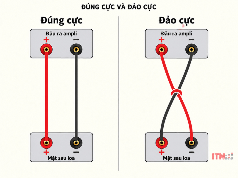 Sơ đồ so sánh đấu loa đồng nhất cực và một loa bị đảo cực