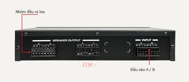 Mặt sau bộ điều khiển với các đầu vào và nhóm đầu ra loa được phân biệt