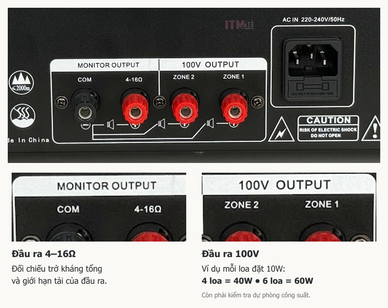 Đối chiếu ảnh nhãn đầu ra MONITOR OUTPUT 4–16 ohm và 100V OUTPUT cùng ví dụ cộng mức công suất loa hệ 100V