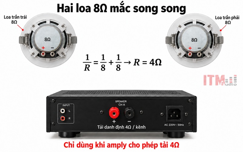Hai loa 8Ω mắc song song tạo tải danh định 4Ω, cần amply tương thích