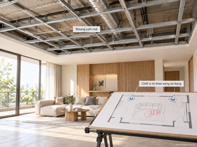 Minh họa AI khảo sát hốc trần trước khi đóng trần