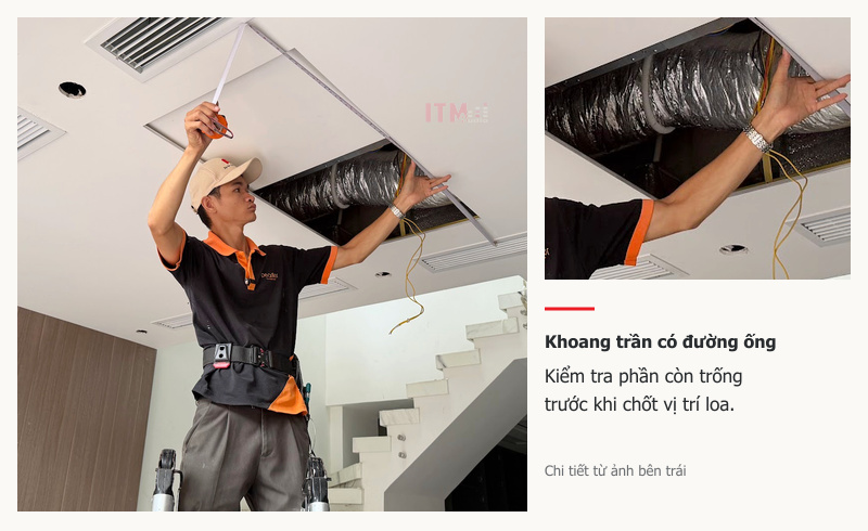 Ảnh khảo sát trần và chi tiết phóng lớn đường ống chiếm khoảng trống phía trên tấm trần