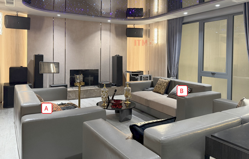 Hai vị trí sofa A và B trong không gian nghe nhạc thực tế