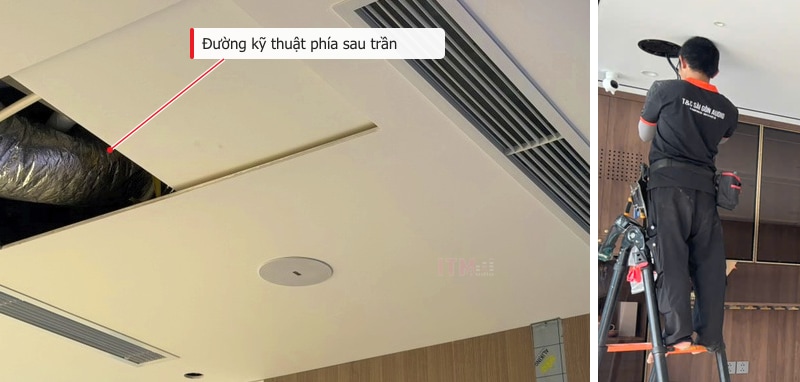Kiểm tra đường kỹ thuật phía sau trần và thao tác lắp loa đúng điều kiện thực tế. Ảnh công trình Tiền Giang và Quận 7.