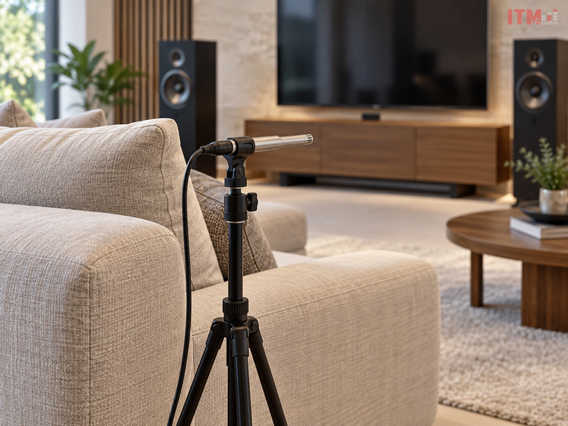 Micro đo âm thanh đặt gần vị trí ngồi trên sofa