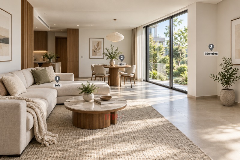 Minh họa ba vị trí kiểm tra tại sofa, bàn và gần tường, cần lặp lại cùng điều kiện nghe.
