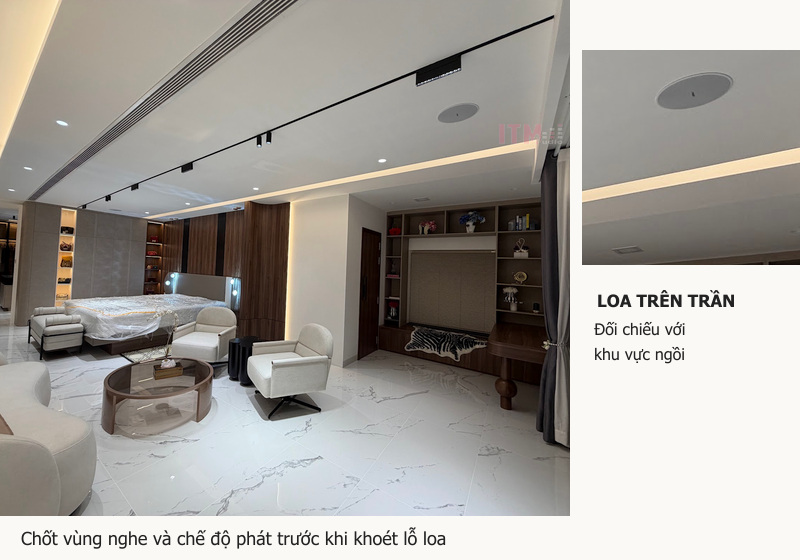 Vị trí loa âm trần cần được đối chiếu với khu vực sử dụng và cách bố trí sofa.