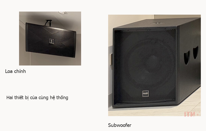 Loa chính treo tường và subwoofer dưới sàn của cùng hệ thống gia đình