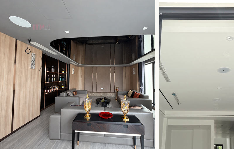 Đối chiếu phòng nghe có sofa và lối cửa vào phòng có loa âm trần tại hai công trình