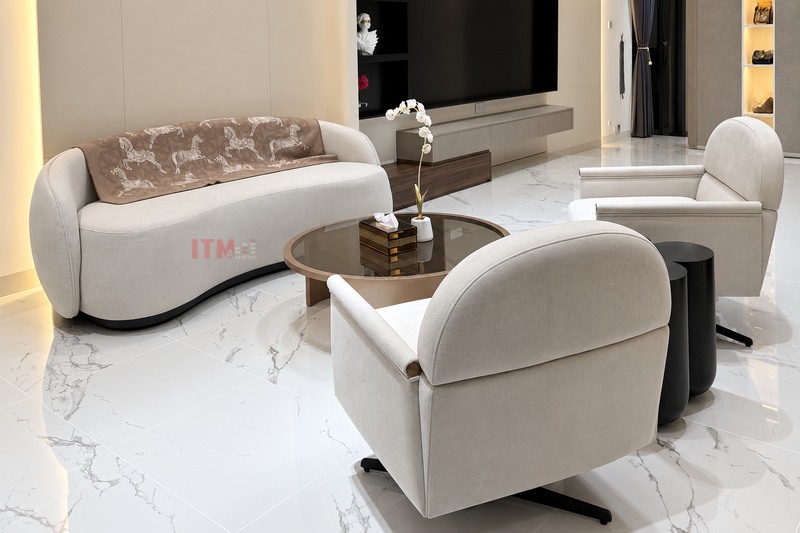 Chi tiết ghế bọc vải đi cùng bàn kính và sàn cứng, ảnh dự án Hóc Môn của T&C Sài Gòn Audio, đã cắt khung và chỉnh sáng.