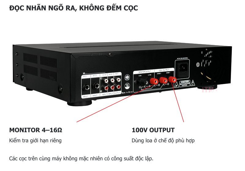 Ảnh mặt sau amply với ngõ monitor 4 đến 16 ohm và ngõ loa 100V