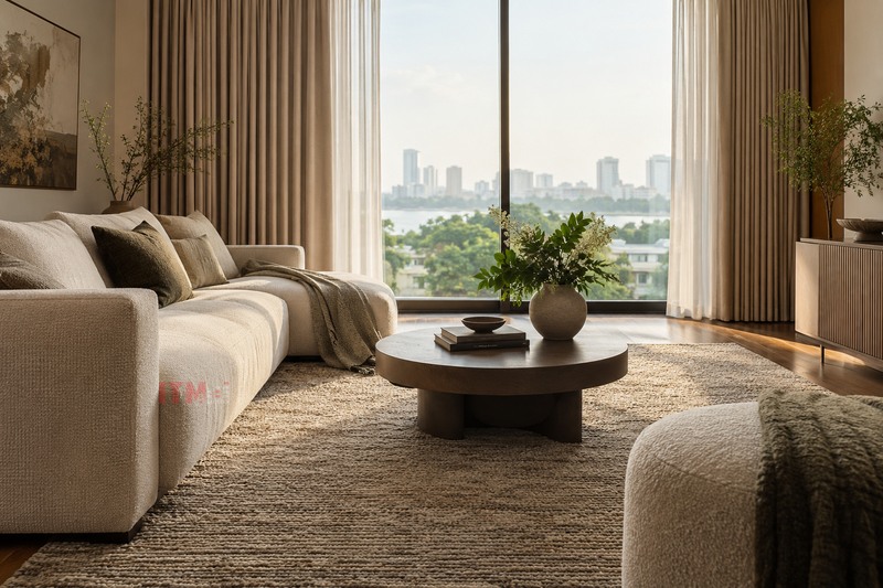 Minh họa rèm, sofa vải và thảm tại các bề mặt liên quan tới vùng ngồi nghe.