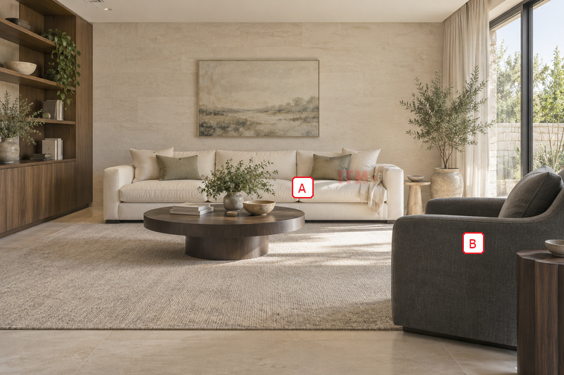 Hai vị trí nghe A ở sofa và B ở ghế bên cạnh trong cùng phòng khách