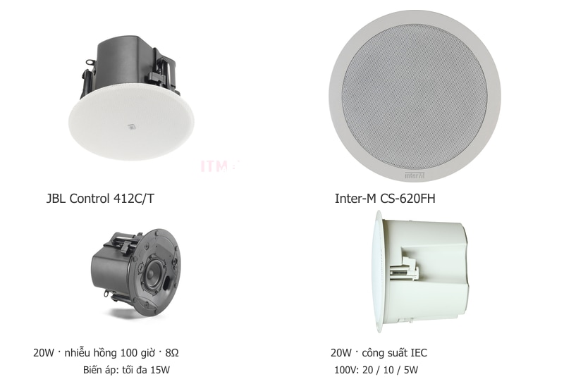 JBL Control 412C/T và Inter-M CS-620FH nhìn từ mặt trước và bên hông. Cần đọc kèm điều kiện đo 20W và mức chọn biến áp của từng mẫu. Hình sản phẩm chính hãng.
