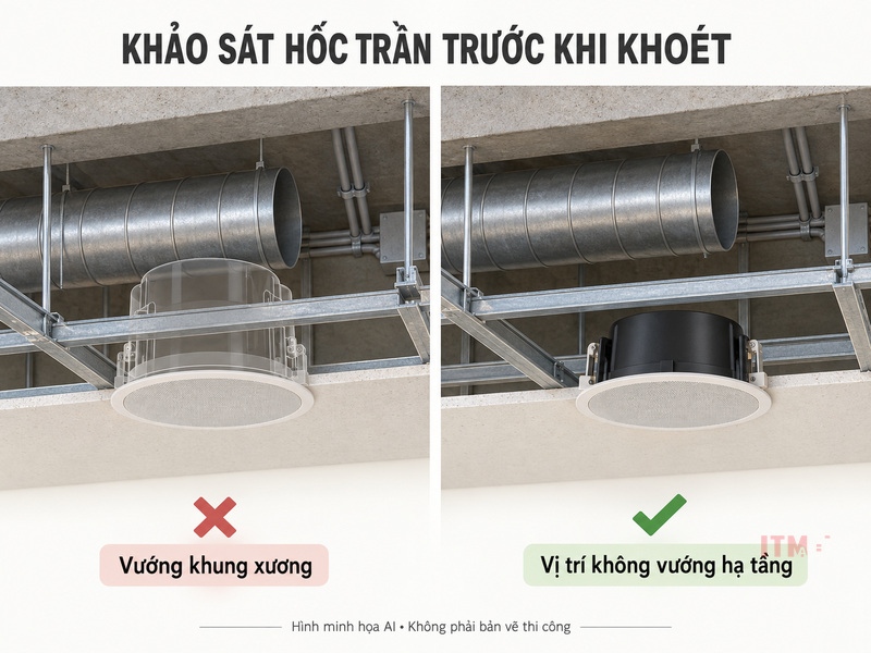Minh họa AI vị trí loa âm trần bị vướng khung xương