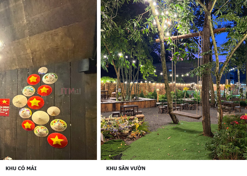 Hai khu bàn có mái và sân vườn tại quán cà phê cần đánh giá vùng nghe riêng