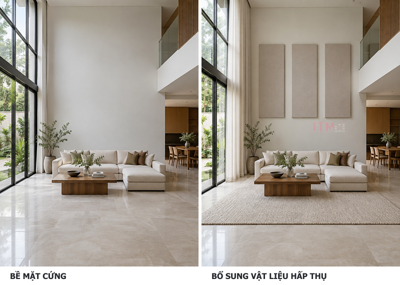 So sánh phòng thông tầng có bề mặt cứng với phương án bổ sung rèm thảm và tấm tiêu âm