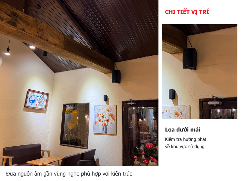 Phân tích vị trí loa treo tường dưới mái dốc và chi tiết loa trong ảnh thực tế