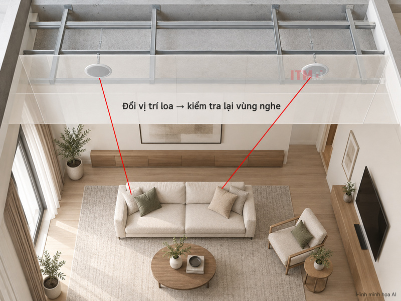 Minh họa AI vị trí loa âm trần so với sofa